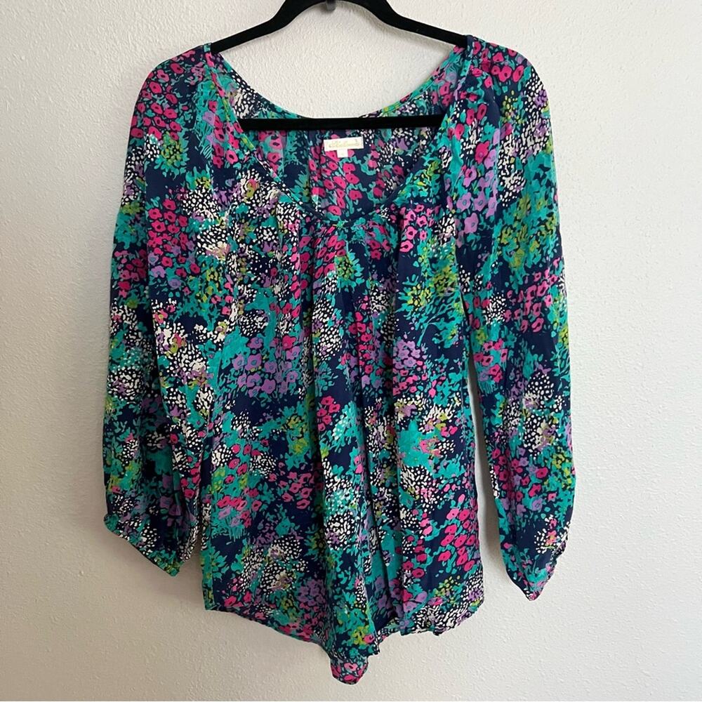 Shoshanna Teal Blue Pink Printed Long Sleeve 100% Silk Blouse Women's size 6